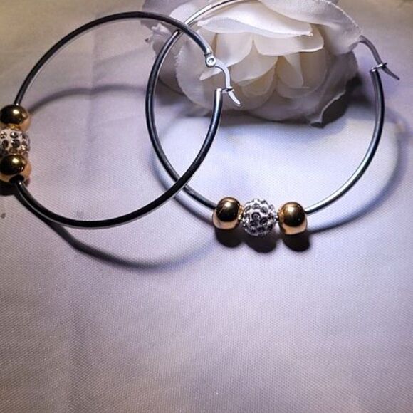 PIATELLA, NEW, STAINLESS-STEEL HOOP WITH CUBIC ZIRCON BEADS EARRINGS - Picture 4 of 5